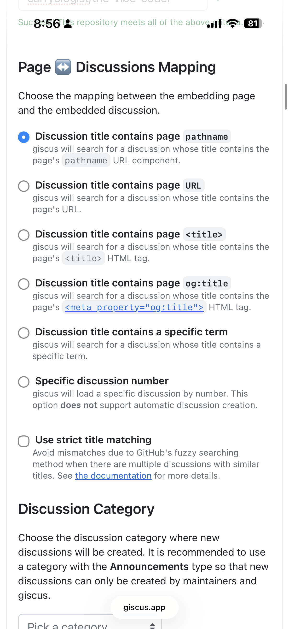 Giscus configuration page showing discussion mapping options with pathname selected