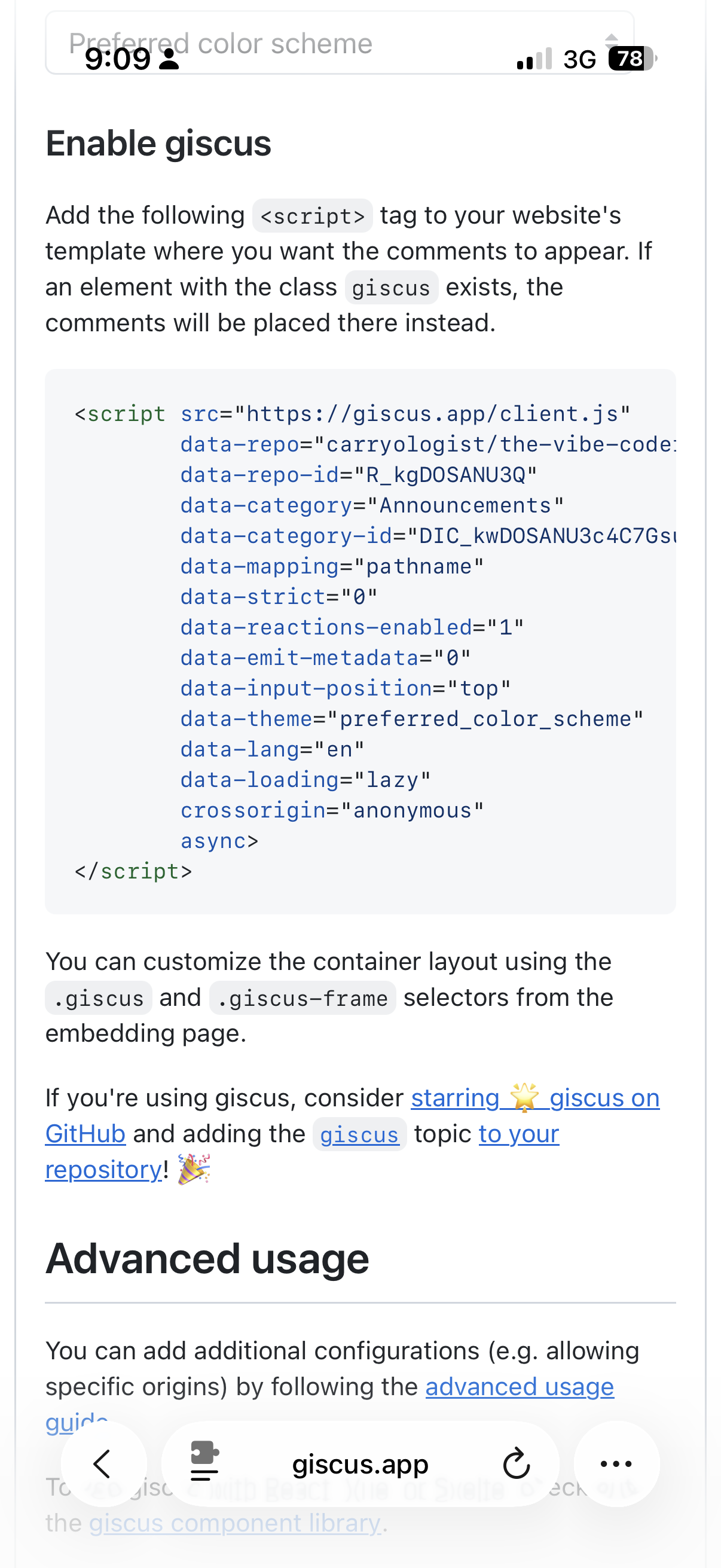 Generated Giscus script tag with all configuration values