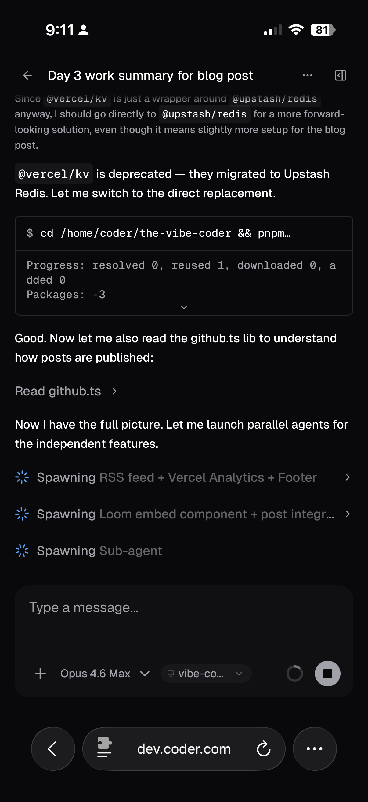 Coder agent spawning parallel workers for RSS, Loom, and analytics features