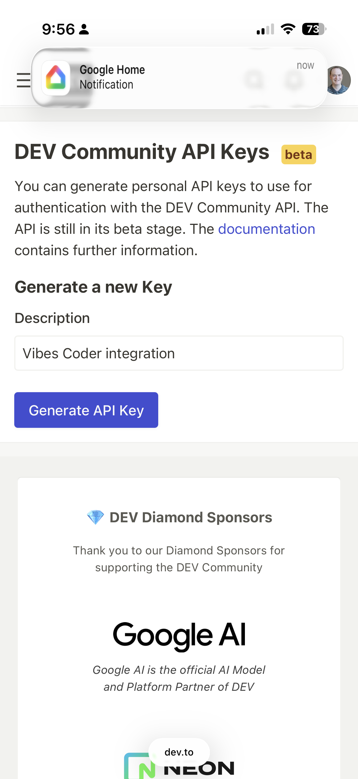 Dev.to API key generation page