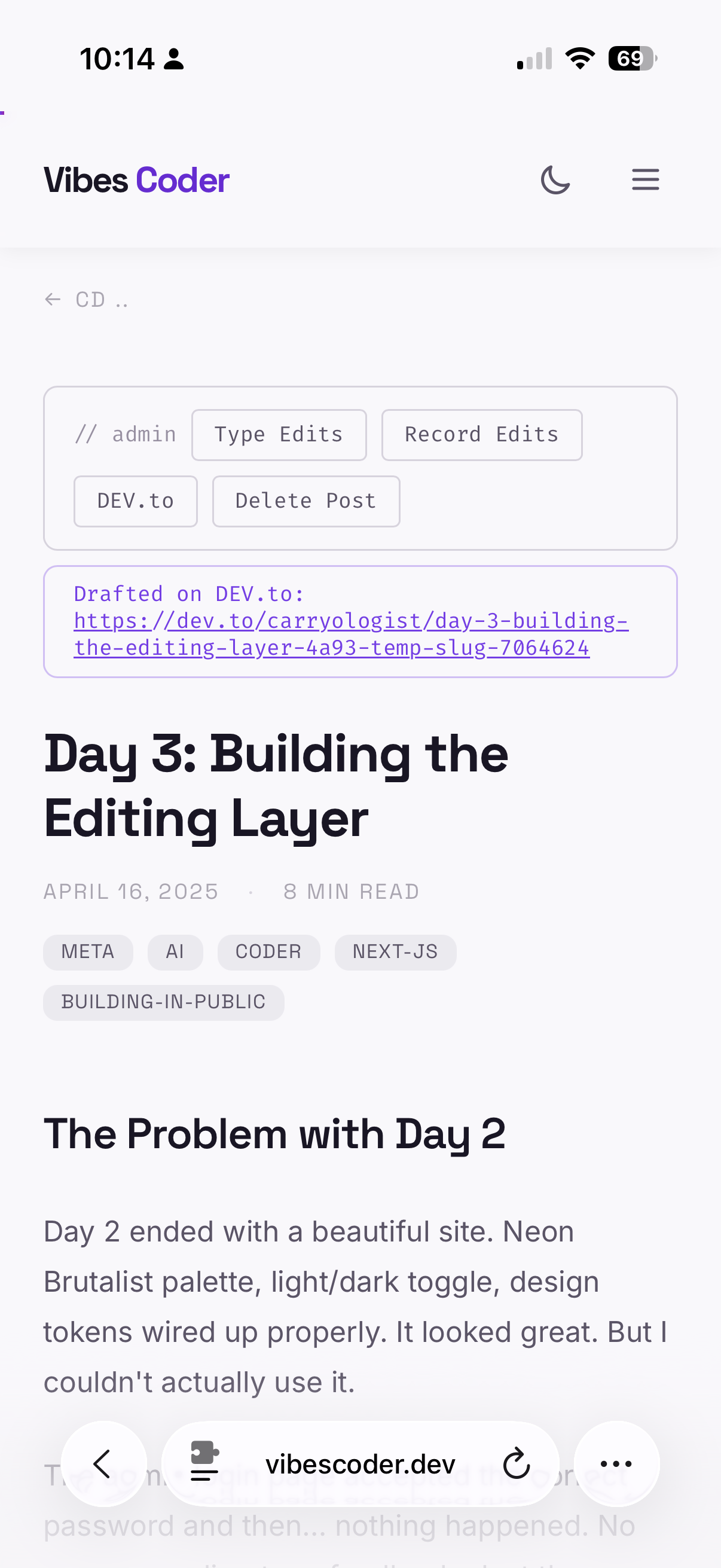 Admin bar showing successful DEV.to syndication with draft URL