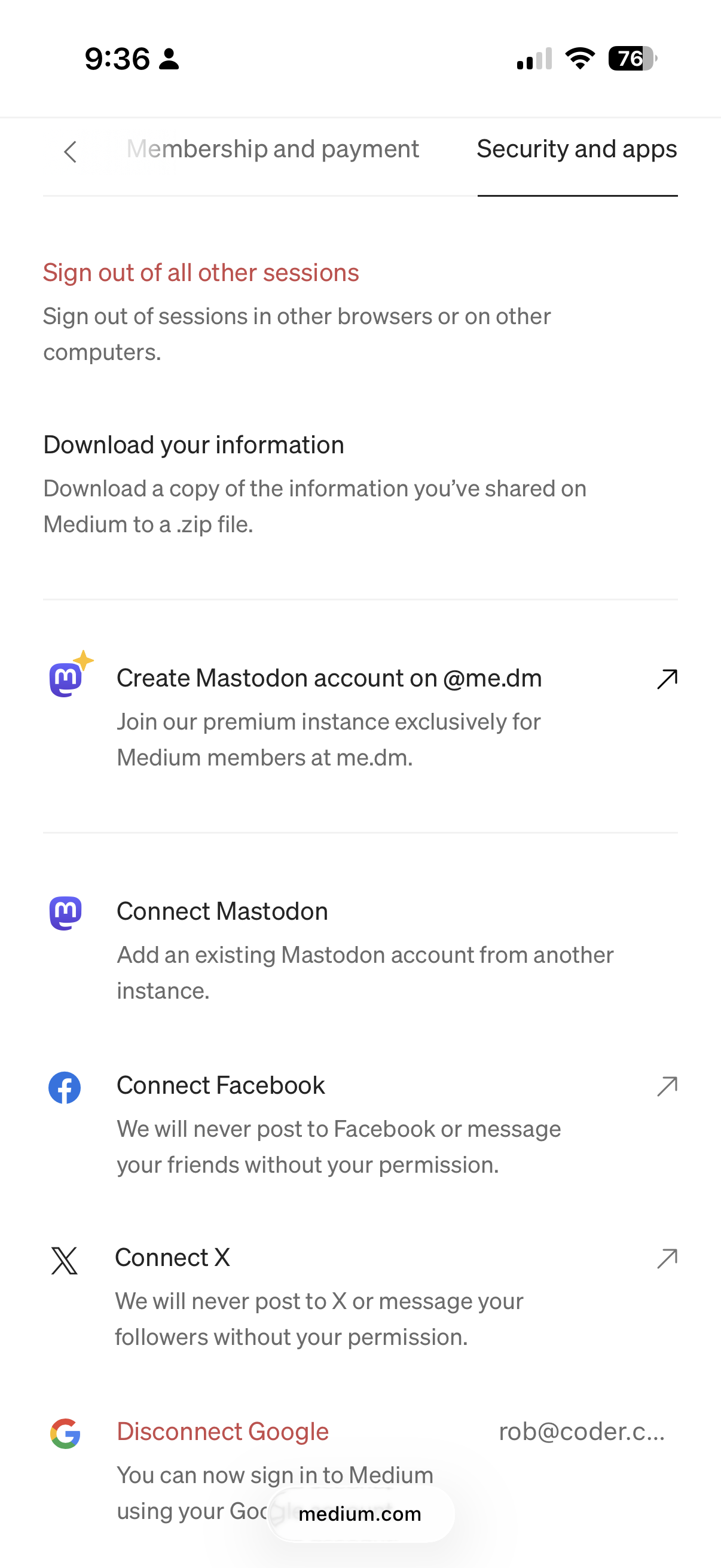 Medium settings page showing no integration tokens option