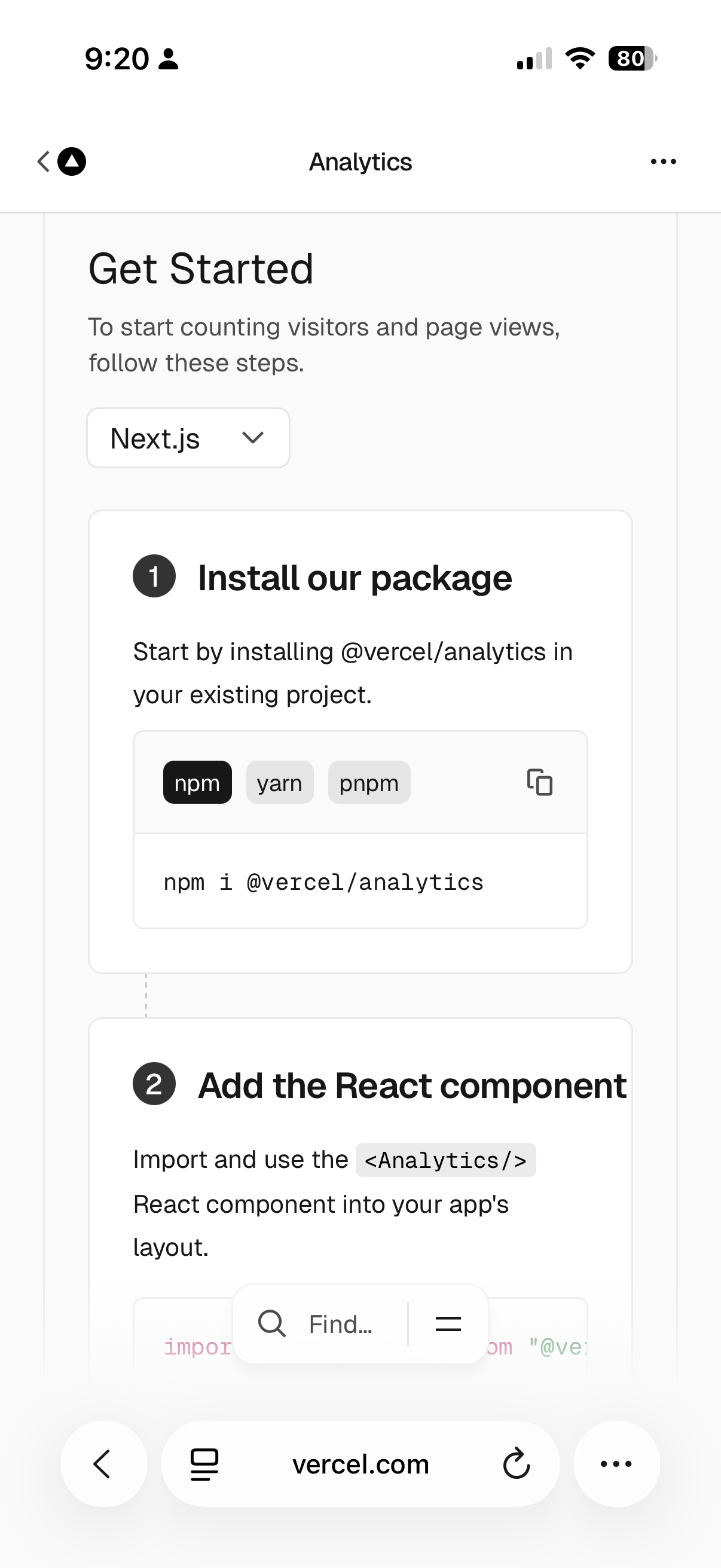 Vercel Analytics setup page showing install steps