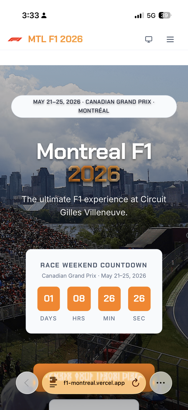 The original F1 Montreal trip site with hardcoded race details and countdown