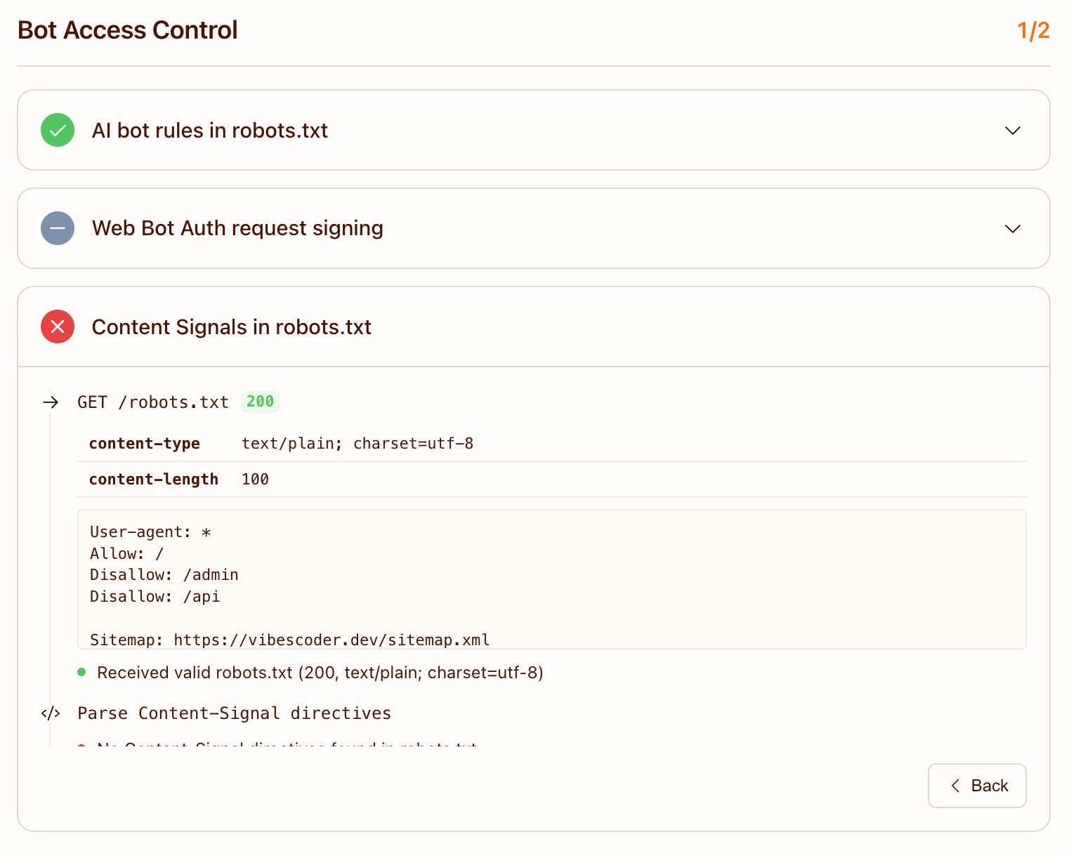 Cloudflare audit detail showing the Content Signals check: 'No Content Signals found in robots.txt.' Cloudflare wants Content-Signal directives like ai-train=no, search=yes, ai-input=no.