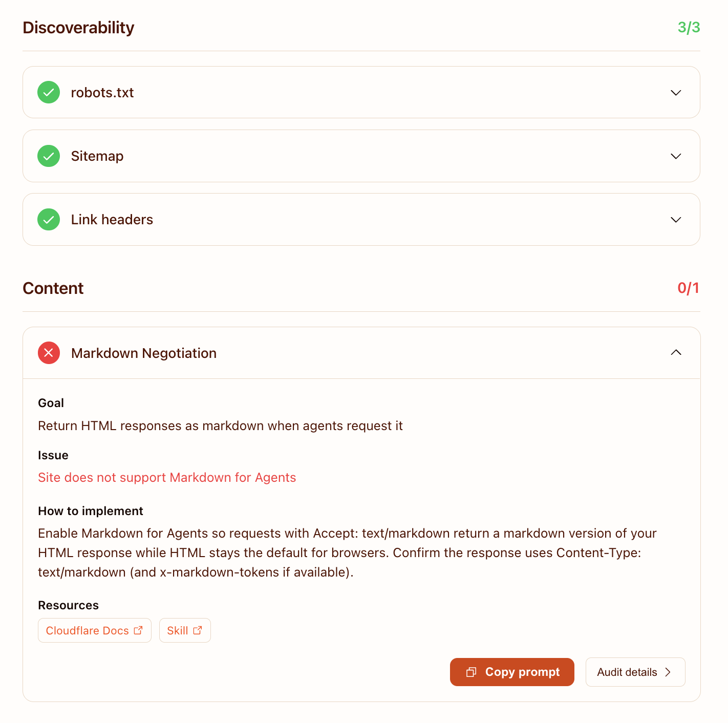Cloudflare audit detail after the fix: the Link headers check is green, with all four agent-useful rel types (describedby, alternate, alternate, sitemap) recognized in the parsed response.