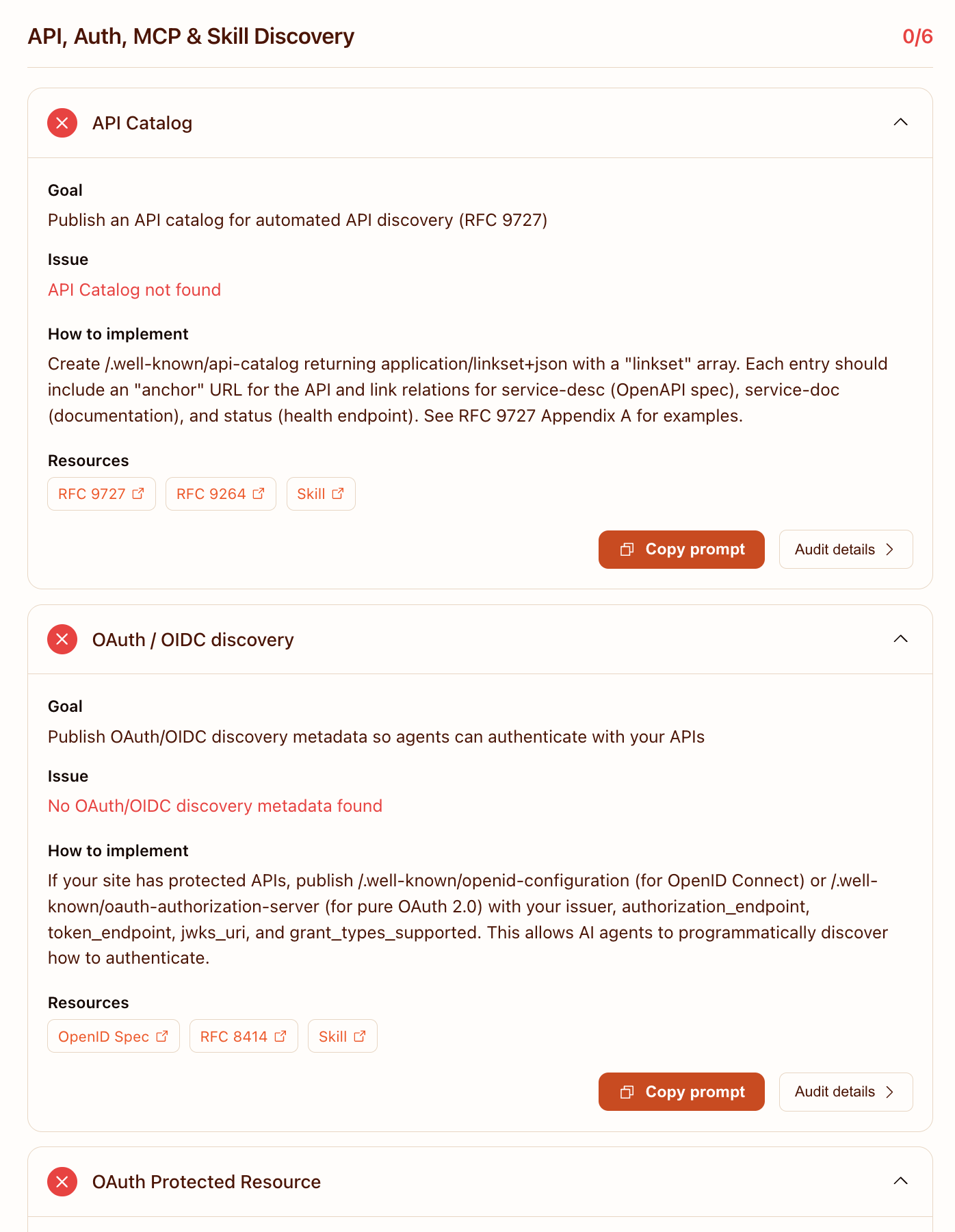 Cloudflare audit details for the MCP Server Card and Agent Skills index checks: both return 404 because vibescoder.dev has no MCP server and no agent skills to expose.