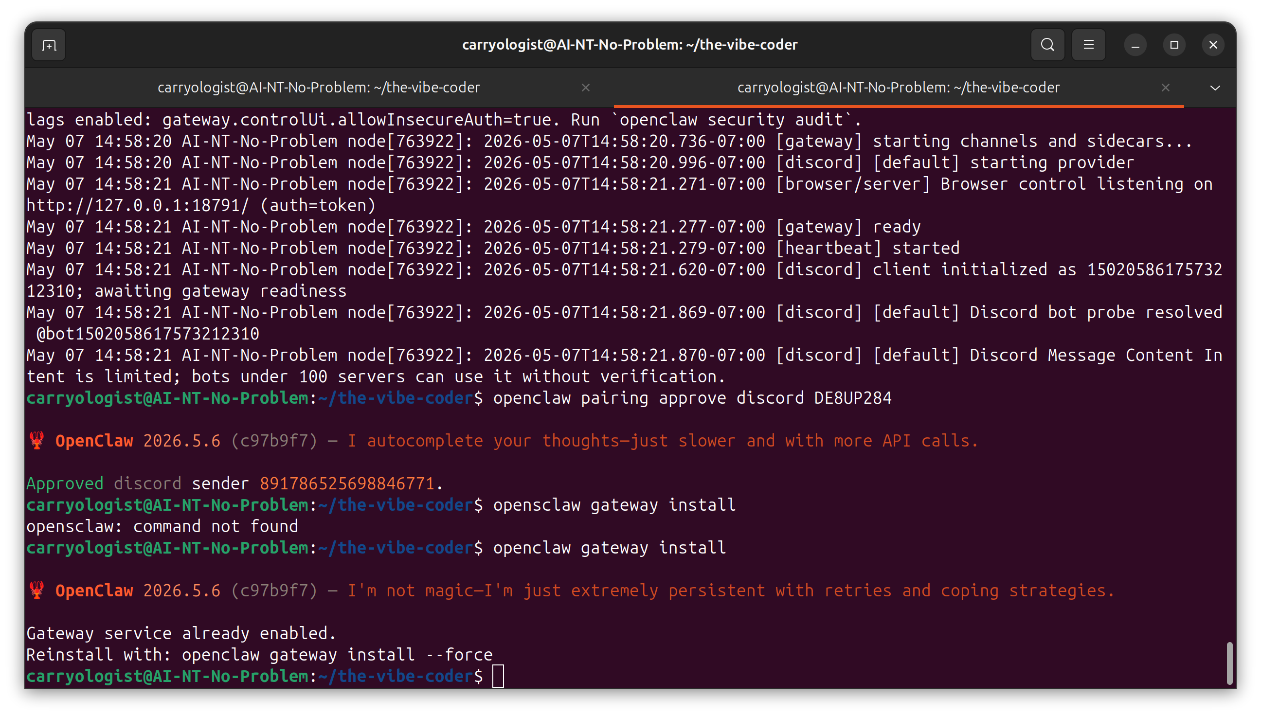 Discord DM showing pairing code from carrybot