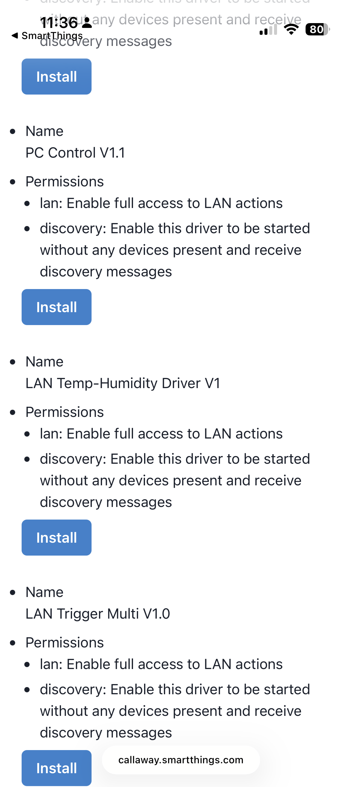 Driver list showing PC Control V1.1