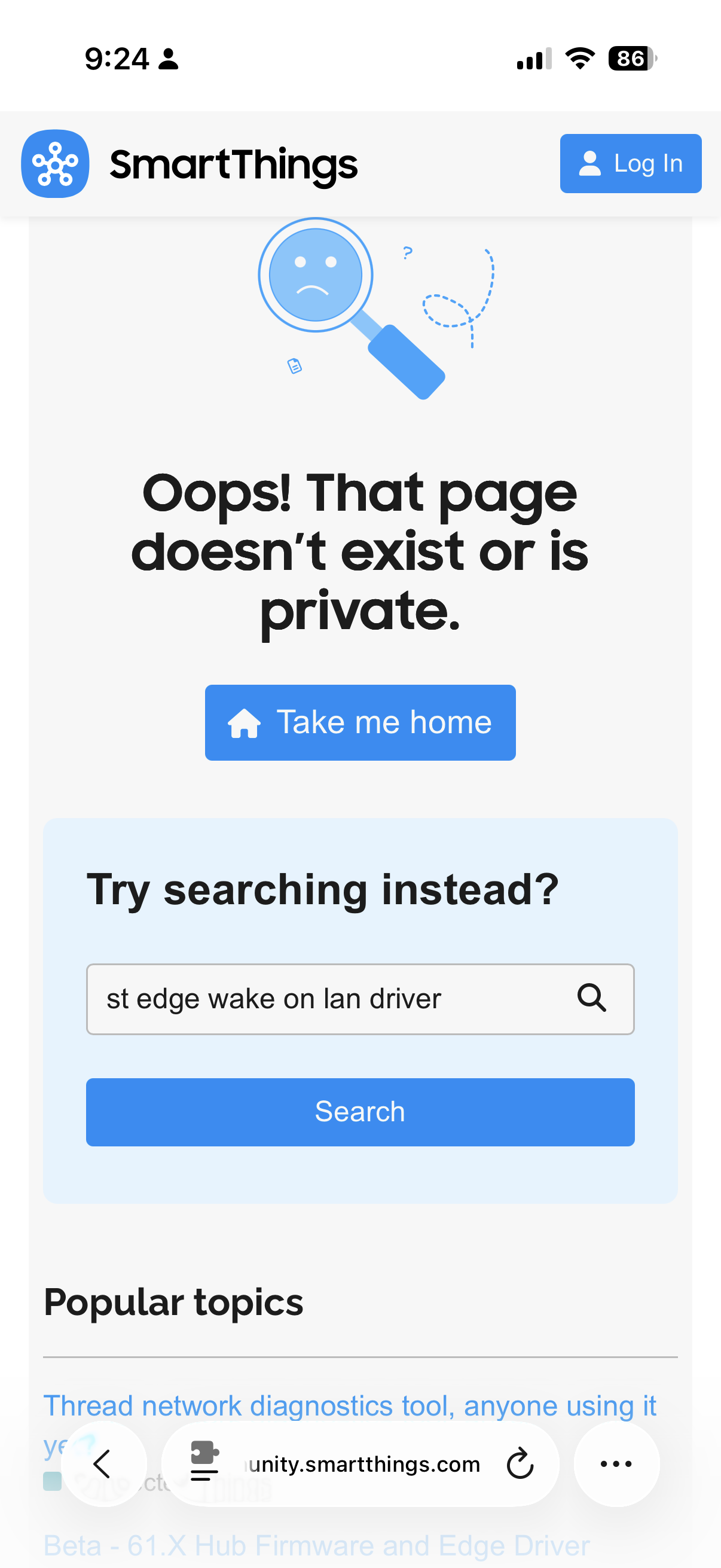 SmartThings community forum showing page not found