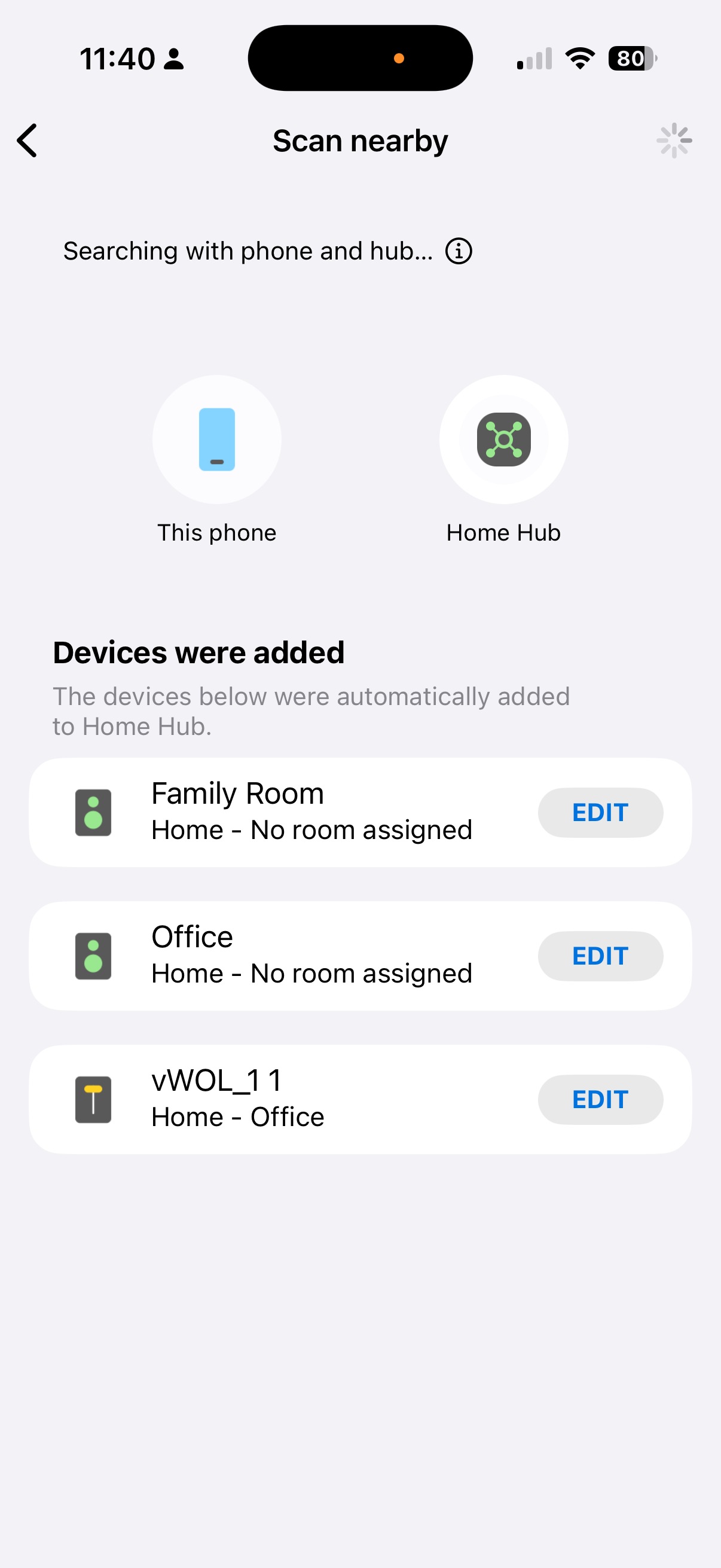 SmartThings scan showing vWOL_1 1 device added to Home Hub