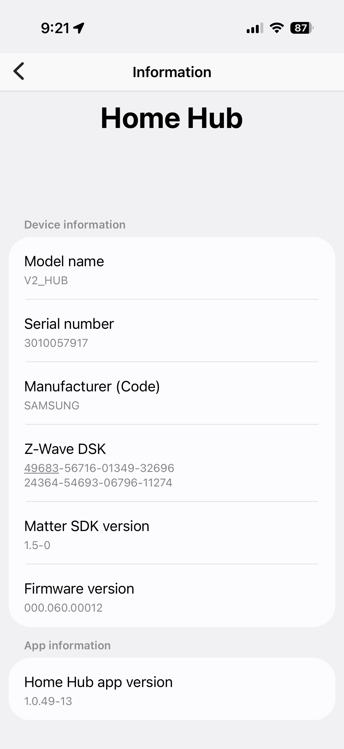 SmartThings Hub V2 device info screen showing model V2_HUB