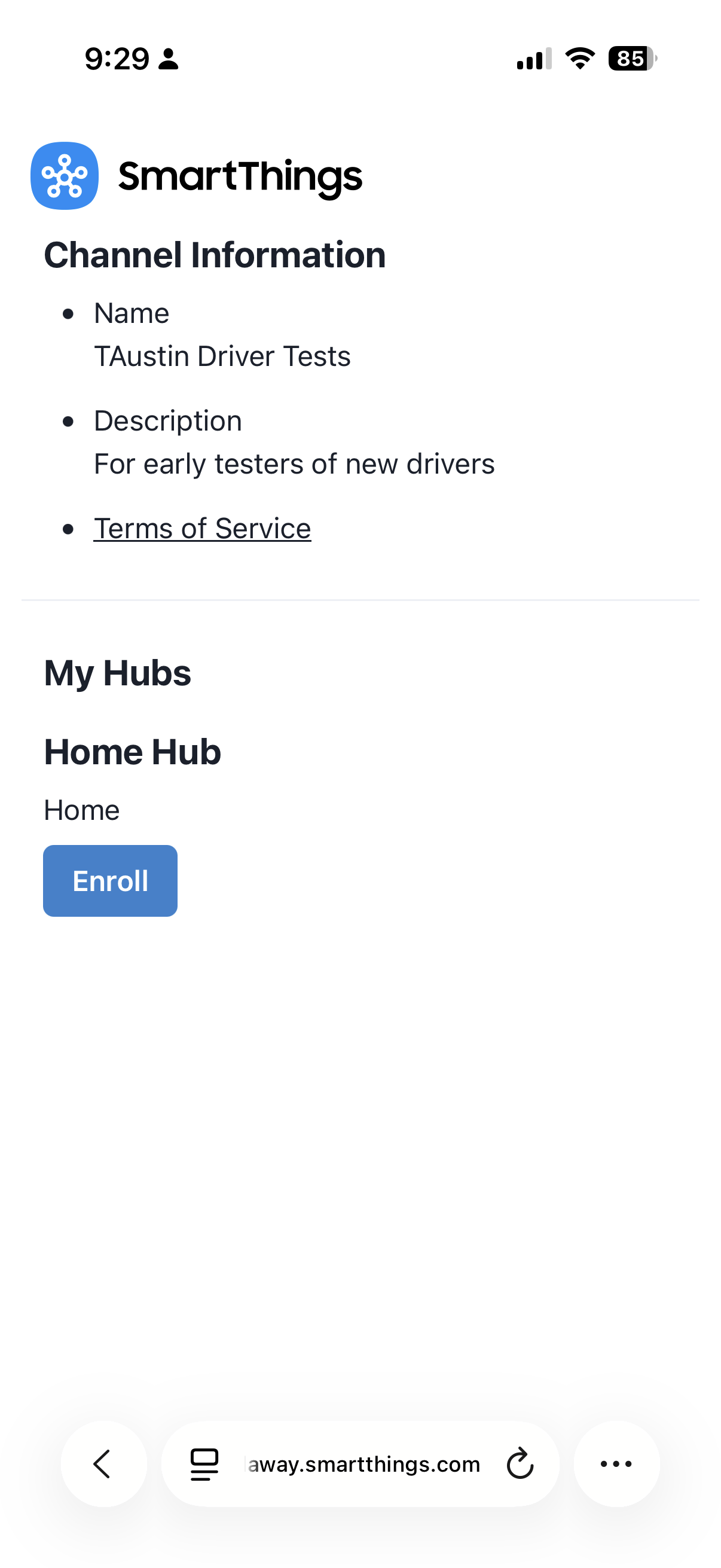 SmartThings channel enrollment screen showing TAustin Driver Tests with Enroll button