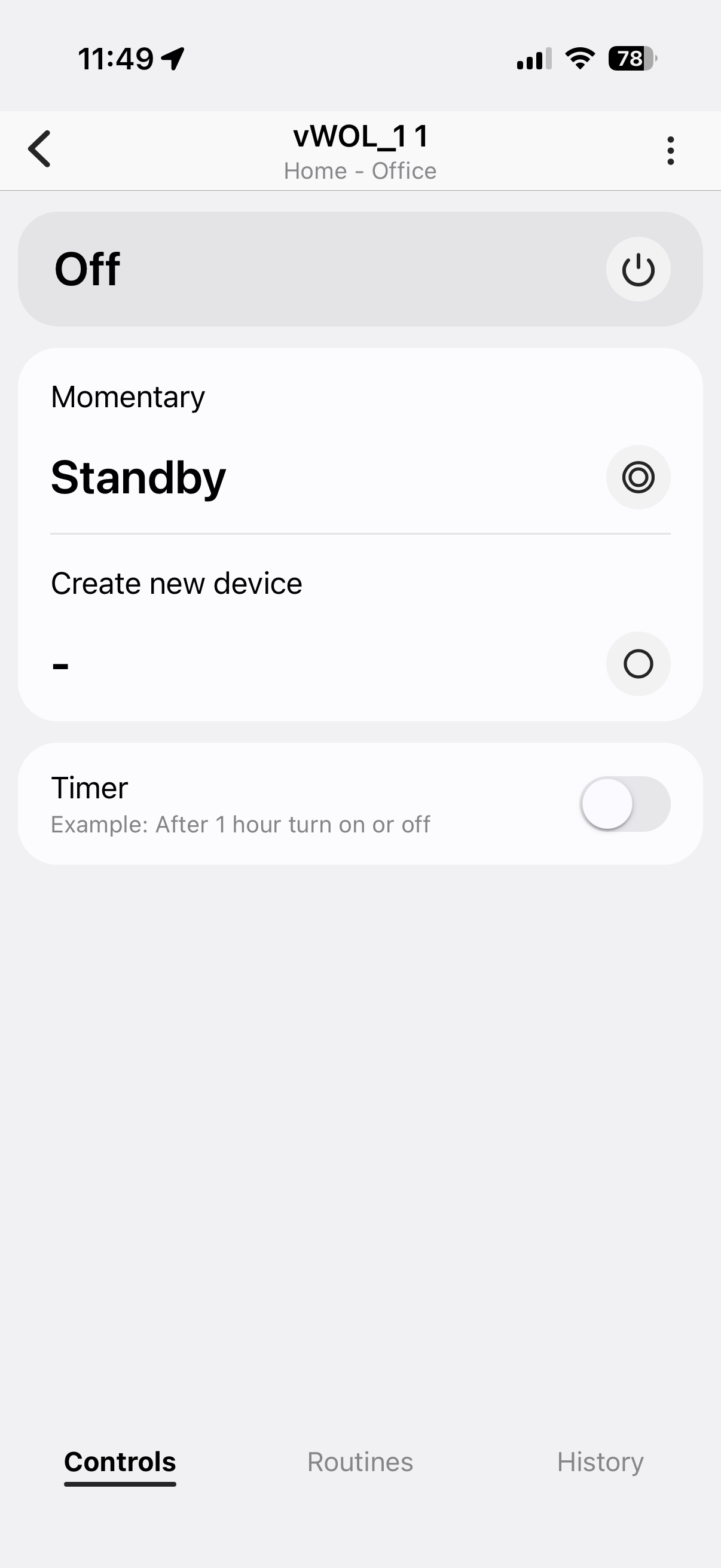 vWOL_1 1 device controls screen with power button and Standby status